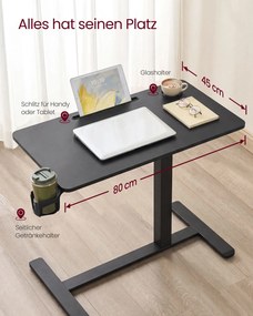 Mesa auxiliar para computador móvel com rodas, 80 x 45 cm 80 x 45 x (65-102) cm Preto