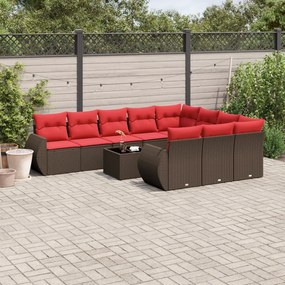 vidaXL 11 pcs conjunto sofás de jardim c/ almofadões vime PE castanho