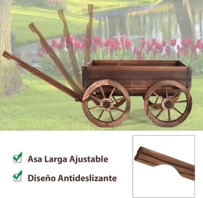 Carrinho floreira de madeira 75 x 43 x 53,5 cm para exteriores decorativo para jardim para plantas com 4 rodas e alça Castanho