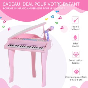 Piano de Cauda Electrónico para Crianças, 48 x 39 x 69 cm, 37 Teclas Multifunções, Cor-de-Rosa
