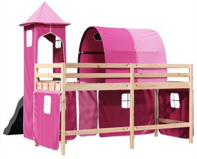 Cama alta para criança com torre 90x190 cm pinho maciço rosa