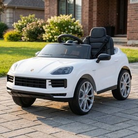 Carro elétrico para Crianças 2 a 5 anos 12V Porsche Cayenne, Rodas de espuma EVA, Controlo Remoto, assento Couro ecológico preto Branco