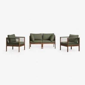 Conjunto De Sala Com Sofá Modular De 2 Peças Com Apoios De Braços E 2 Poltronas Em Madeira De Acácia Branson Verde Oliva - Sklum