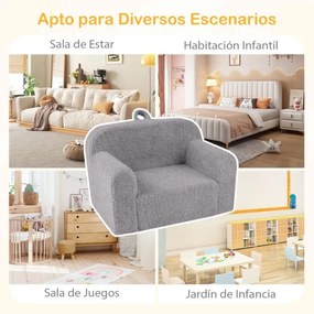 Sofá para crianças, espuma de alta densidade, capa de pelúcia com fecho, lavável, alça de transporte, antiderrapante, a partir dos 3 anos, cinzento