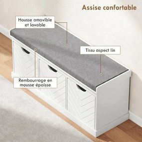 Banco para Calçado de Entrada com Arrumação, 105 x 35 x 47 cm, 3 Gavetas Amovíveis, Branco