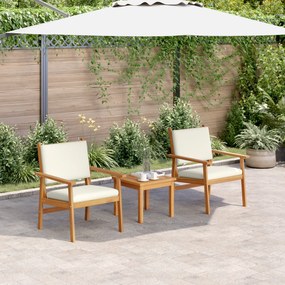 Conjunto de Bistro de Jardim 3 Peças com Almofadas em Madeira Sólida de Acácia
