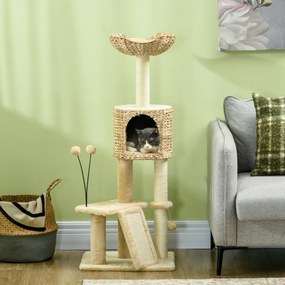 Arranhador  para gatos com 116 cm de altura, com casinha, cesto, plataformas, pompons de pelúcia e jacintos de água - bege