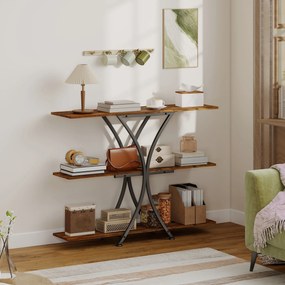 Mesa Consola de 3 Níveis Estilo Industrial com 2 Prateleiras Abertas e Estrutura Metálica em X Consola Estreita 110x30x91 cm Castanho Rústico