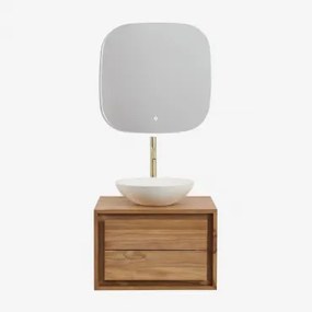 Conjunto De Móveis De Banheiro Em Madeira De Teca Jabari Madeira De Teca & Cimento Redondo Branco Ø40 Cm Zavion & Quadrado Led - Sklum