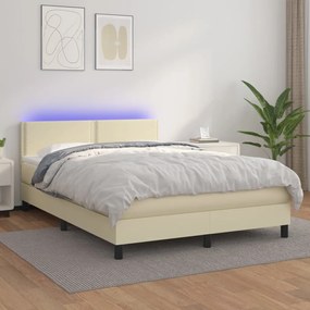 vidaXL Cama box spring c/ colchão/LED 140x200cm couro artificial creme