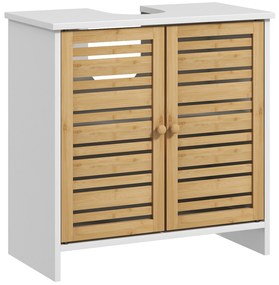 HOMCOM Móvel para Lavatório Moderno com Portas Magnéticas de Bambu e Estante Ajustável 60x30x60 cm Branco e Madeira | Aosom Portugal