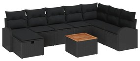 Conjunto de Sofá de Jardim de 9 Peças com Almofadas Preto Rattan Polié