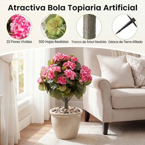 Conjunto de 2 árvores topiárias artificiais de begónia com 22 flores (VASOS NÃO INCLUIDOS), 300 folhas e estacas com terra, 57 cm, para interior, exte