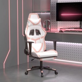 Cadeira gaming massagens c/ apoio pés couro artif. branco/rosa