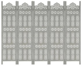 vidaXL Biombo esculp mão 5 painéis 200x165cm mangueira maciça cinzento