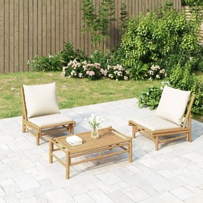 vidaXL 3 pcs conjunto lounge de jardim bambu c/ almofadões branco nata