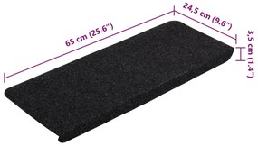 Tapetes de escada autoadesivos 15 pcs 65x24,5x3,5 cm preto