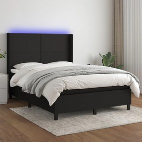 Cama box spring c/ colchão e LED 140x200 cm tecido preto