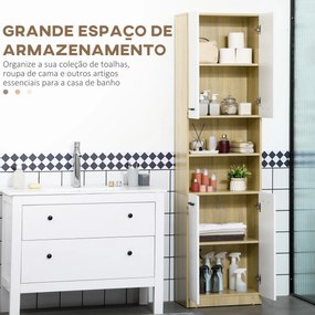 Coluna Casa de Banho Armário Alto Casa de Banho com 4 Portas 2 Prateleiras Abertas e Ajustáveis 53x34x196cm Branco e Madeira
