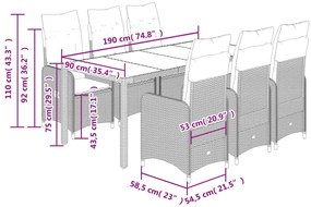 7 pcs conjunto bistrô de jardim c/ almofadões vime PE cinza