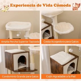 Móvel para areia (CAIXA AREIA NÃO INCLUIDA) de gatos 2 em 1 com arranhador 72 x 45,5 x 155 cm, com 2 comedouros café
