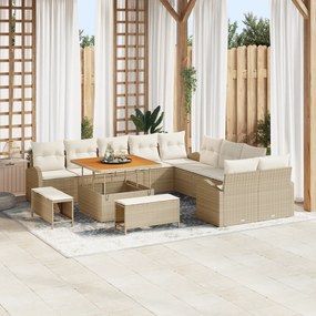 Conjunto de Sofá de Jardim vidaXL 13 Peças com Almofadas Bege Rattan Poliéster Acácia