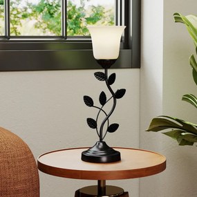 Candeeiro de mesa para mesa de cabeceira Candeeiro vintage para mesa de cabeceira com abajur de vidro em forma de tulipa e folhas de metal preto