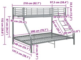 Estrutura de beliche 140x200/90x200 cm metal cinzento