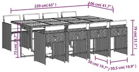 9 pcs conjunto de jantar p/ jardim c/ almofadões vime PE cinza