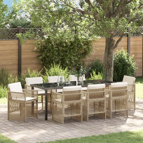 Conjunto de Jantar de 9 Peças para Jardim com Estofados Bege Poli Rattan