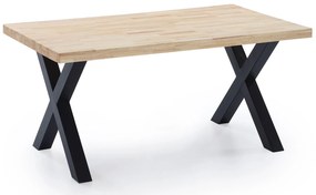 Mesa de jantar fixa, sala de estar, modelo X-LOFT, tampo em madeira maciça em carvalho bravo de 54 mm de espessura, pés metálicos, mede 160x90x76cm de