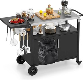 Carrinho cozinha de jardim para grelhados 127 x 50 x 84 cm com arrumação e tampo dobrável para churrasco em aço inoxidável Preto