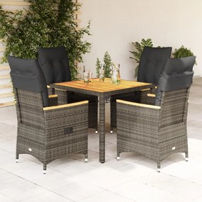 5 pcs conjunto de jantar p/ jardim c/ almofadões vime PE cinza