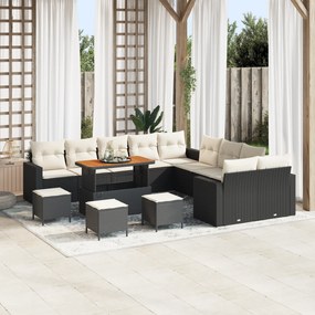 Conjunto de Sofá de Jardim de 14 Peças com Almofadas Preto Poli Rattan