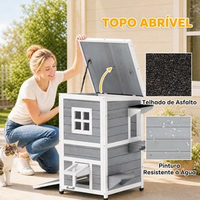 Casota Exterior para Gatos em Madeira de 2 Níveis com Telhado Basculante, Plataformas de Salto e Portas, 51x51x81,3 cm, Cinzento