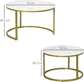 Conjunto de 2 mesas baixas encaixáveis, redondas, com tampo com efeito mármore e pés em aço, Ø 74 x 46,3 cm, branco dourado