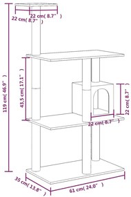 Árvore p/ gatos c/ postes arranhadores sisal 119 cm cinza-claro