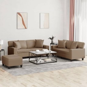 vidaXL 3 pcs conjunto sofás c/ almofadas couro artificial cappuccino