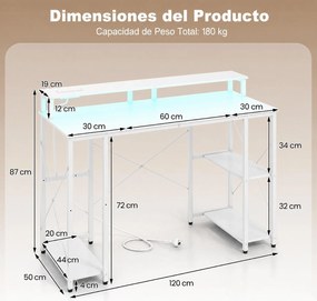 Secretária Gaming para Computador, 120 x 50 x 87 cm, Estação de Carregamento Integrada, Branco