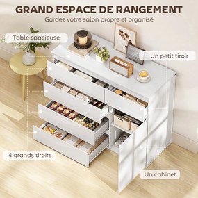 Aparador de sala 100 x 40 x 80 cm, móvel de arrumação com 5 gavetas, prateleira ajustável e porta com fecho suave, branco