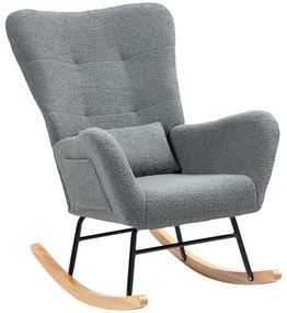 HOMCOM Poltrona Baloiço em Borrego Poltrona para Amamentação com Encosto Acolchoado Almofada e Base de Madeira de Borracha 67x82x100 cm Cinza