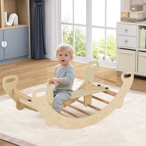 Cavalo de baloiço crianças escalador de madeira com arco de escalada, baloiço e túnel para gatinhar com assento para 1 a 5 anos 112 x 52 x 44 cm Natur
