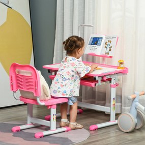 Conjunto de Secretária e Mesa para Crianças acima de 6 Anos com Altura Ajustável Mesa Inclinável e Lâmpada Rosa