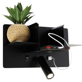 Candeeiro de parede moderno preto com LED e USB - Thijs