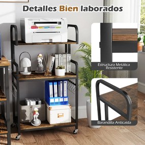 Suporte para impressora portátil 60 x 40 x 110 cm de 3 níveis com rodas, 10 ganchos em S, estrutura metálica Castanho rústico + Preto