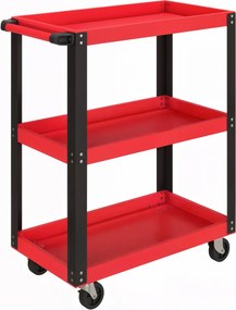 Carrinho de Ferramentas com 3 Prateleiras Rodas e Alças para Garagem Mecânica Casa Carga 120 kg Vermelho e Preto