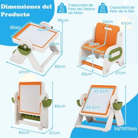 Conjunto de mesa e cadeira para crianças 6 em 1 Multi-atividade Cavalete dobrável para crianças com superfície reversível e ranhura laranja