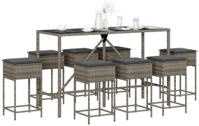 9 pcs conjunto de bar p/ jardim c/ almofadões vime PE cinzento