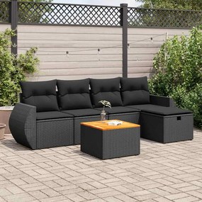 6 pcs conjunto sofás de jardim c/ almofadões vime PE preto