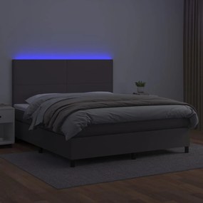 Cama box spring c/ colchão/LED 180x200cm couro artificial cinza